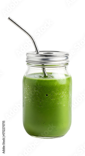 Green Smoothie in Mason Jar, isolated on white background