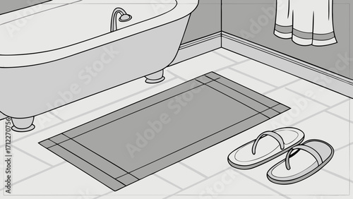 Bathroom interior bathtub bathmat slippers floor tiles grey color scheme simple design clean lines minimalist style home decor illustration graphic vector art hygiene cleanliness c.