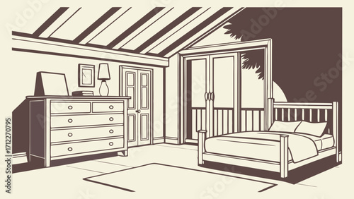 Bedroom interior design minimalist style wooden furniture attic room with view cozy room illustration simple bedroom drawing home decor house interior comfortable bedroom peaceful bedroo.