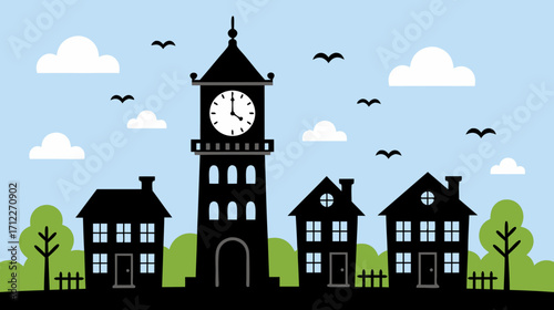 Black clock tower among houses with blue sky and clouds  