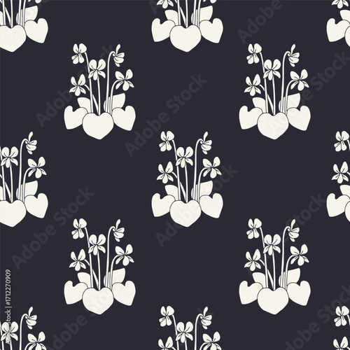 Seamless pattern with white silhouette canary islands flowers Blue Violet in vintage millefleur style on black background