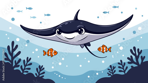 Cartoon stingray swimming among colorful fish in ocean waters  