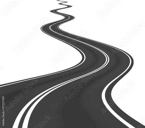  Isolated a Winding road isolated on curved road with white lines, bending traffic road to horizon in perspective, winding empty asphalt highway vector art with white background.
