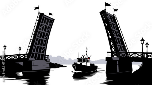 Boat passing under raised drawbridge in urban silhouette style  
