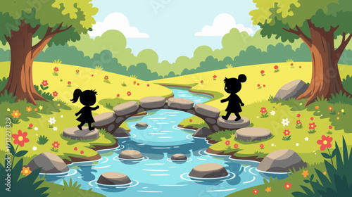 Two silhouetted girls playing on a stone bridge over a stream  