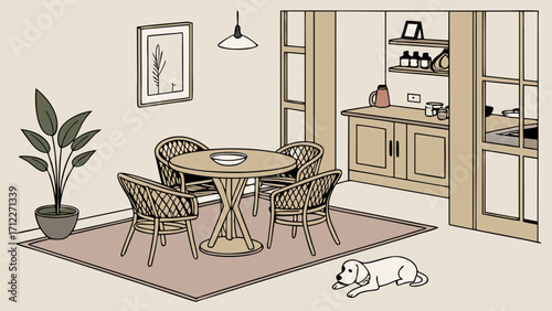 Cozy Dining Room Interior with Dog and Plants Illustration.