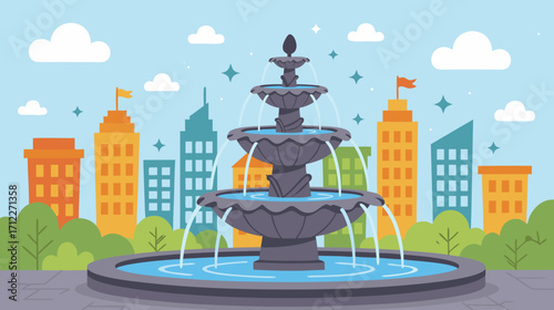 Modern fountain with flowing water in city park landscape  