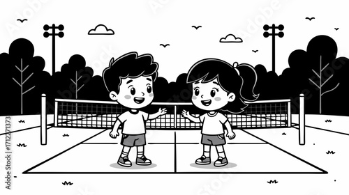 Two children smiling and talking on tennis court in summer  