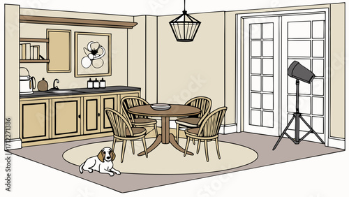 Cozy Kitchenette and Dining Area with Dog and Studio Lighting Illustration.