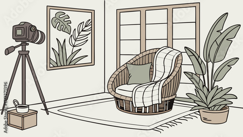 Cozy Home Studio Setup with Camera on Tripod Plants and Wicker Chair.