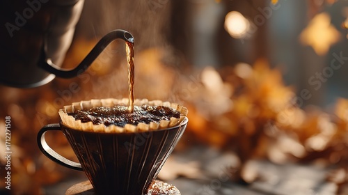Close-up of hot coffee being poured from kettle into a dripper with autumn leaves in the background, warm and cozy seasonal vibe, perfect for cafe promotion, food blog, or autumn design.
