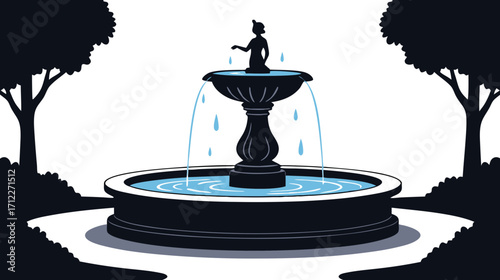 Decorative fountain with water and sculpture in public park  