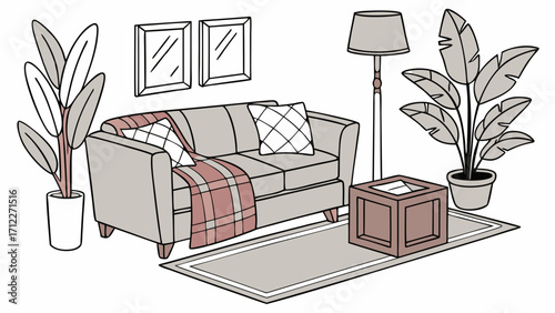 Cozy Living Room Interior Design with Sofa Plants and Floor Lamp Illustration.
