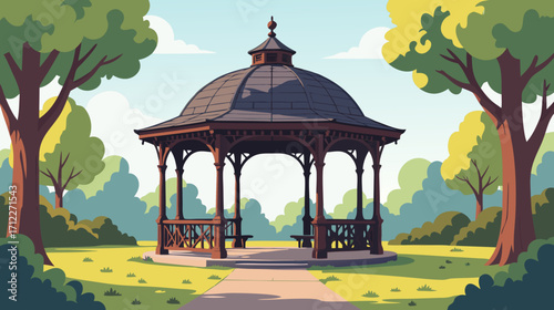 Ornate wooden gazebo in a park surrounded by lush green trees  