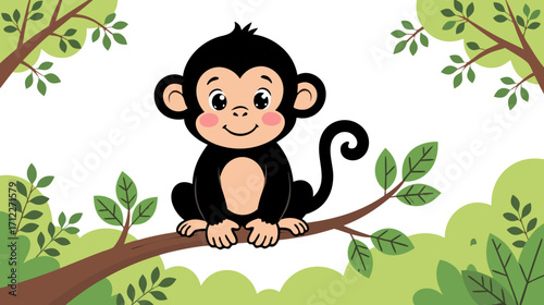 Cartoon monkey sitting on a branch among green leaves  