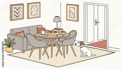 Cozy Living Room Interior with Dog and Dining Table Illustration Home Decor Pet Friendly Room Design.