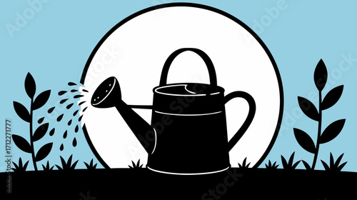 Black watering can pouring water on green plants against blue sky  