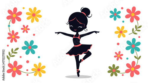 Young girl dancing ballet surrounded by colorful flowers  