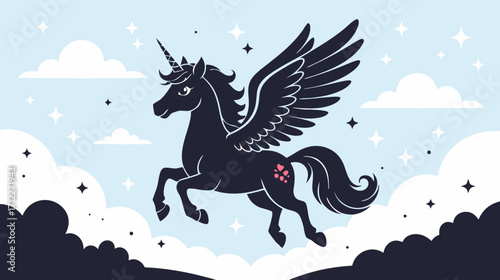 Black pegasus unicorn flying among clouds with starry sky backdrop  