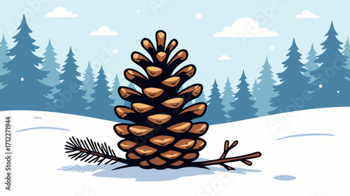 Pine cone on snow-covered ground with pine trees in winter background  