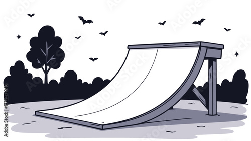 Skate ramp in park with bats flying by in monochrome illustration  