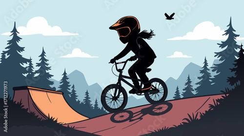 Young girl riding BMX bike on ramp in forested landscape  