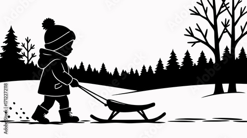 Child pulling sled through snowy landscape with trees in winter  