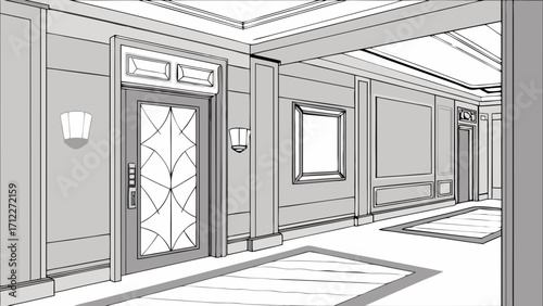 Elegant hallway interior design architectural sketch upscale apartment building modern home decor luxury residence entrance hall contemporary style spacious corridor decorative wall panel.