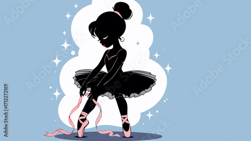 Young ballet dancer tying her pink shoes on blue background  