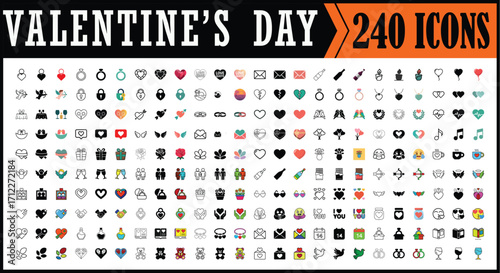 Valentine’s Day vector lineart, silhouette, color,icon collection set,
