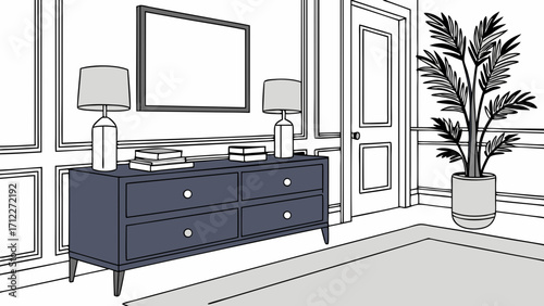 Elegant Home Interior Design with Dresser Lamps and Plant Illustration.