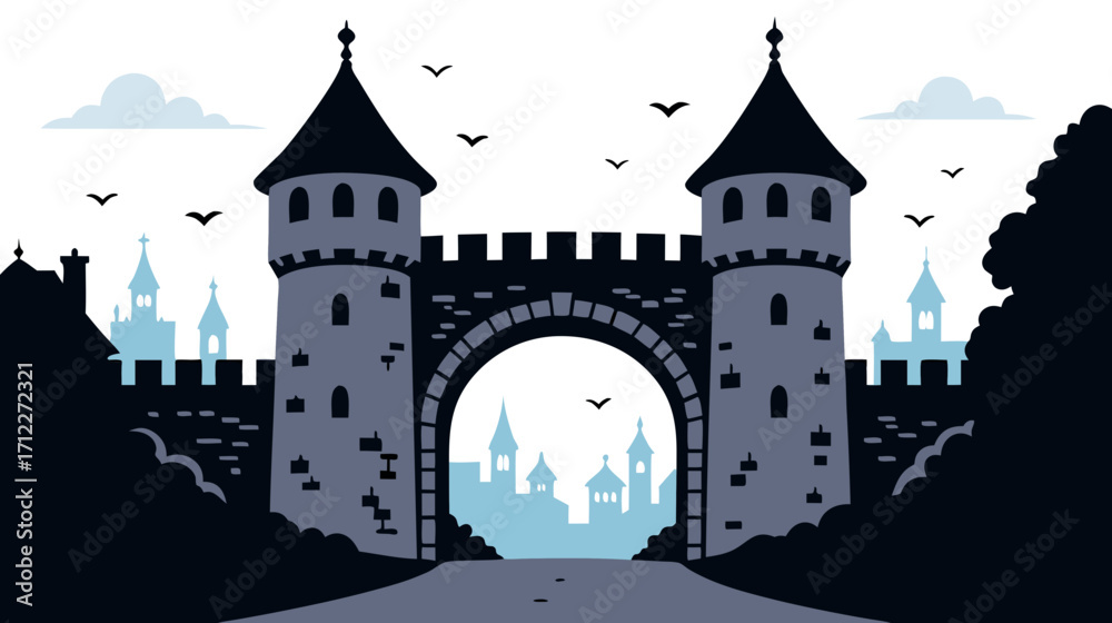 Fototapeta premium Castle gate with towers surrounded by mountains and blue sky 