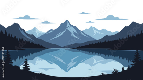 Mountain landscape with lake reflecting trees and sky in blue tones  