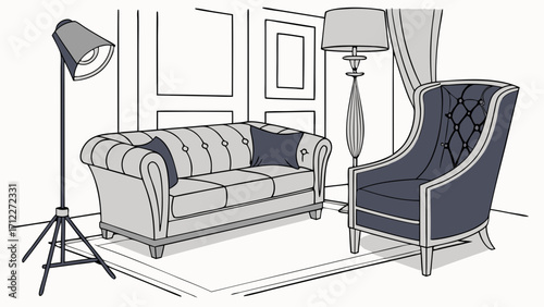 Elegant Living Room Interior Design Sketch with Sofa Armchair and Lamps.