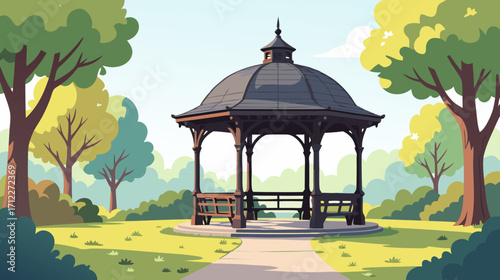 Traditional gazebo surrounded by trees in a sunny park setting  
