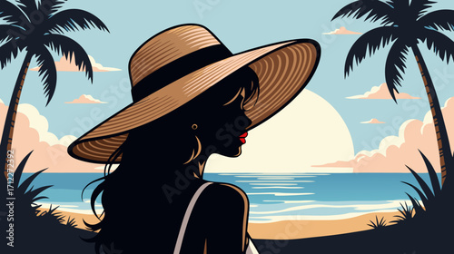 Woman in large hat silhouette by the beach under palm trees  