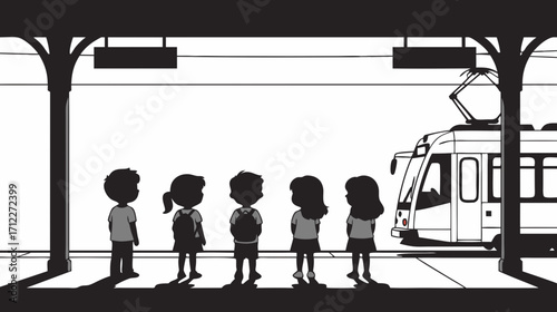 Children waiting at tram station silhouette with vehicle approaching  