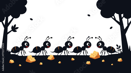 Cartoon ants marching in line towards food in a forest setting  