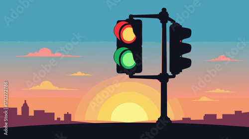 Traffic light silhouette against sunset background in urban setting  