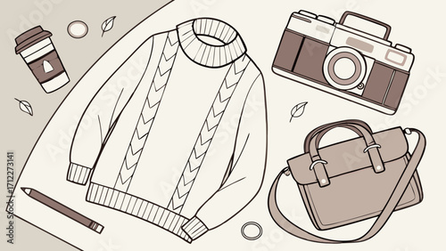 Flatlay illustration of sweater camera bag and coffee cup.