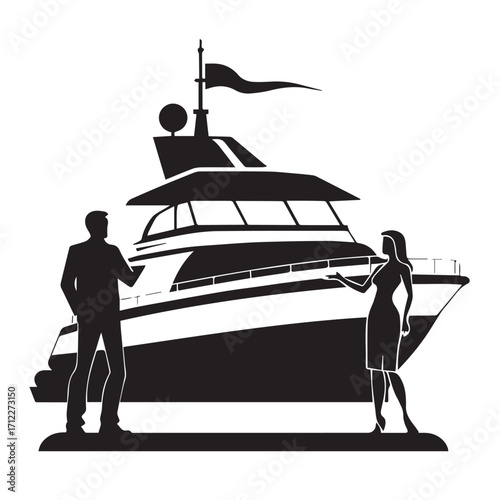 Silhouette of a man and woman standing in front of a luxury yacht, isolated on white background