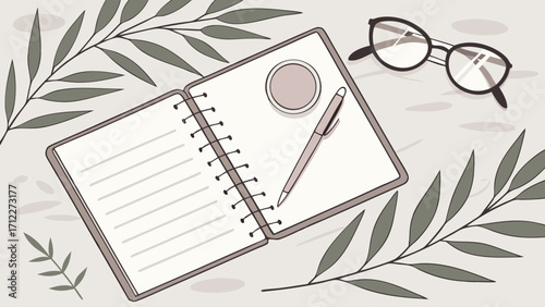 Flatlay of Open Notebook Pen Glasses and Greenery Minimalist Office or Study Design Background.