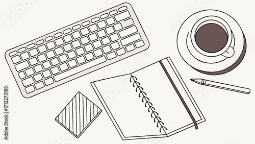 Flat lay illustration of workspace with keyboard notebook pen and coffee.