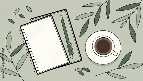 Flatlay illustration of a notebook pen coffee cup and leaves perfect for blog social media or website design.