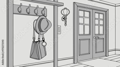 Hallway Interior Design Coat Rack with Hat and Bag Double Doors Home Entrance Illustration.