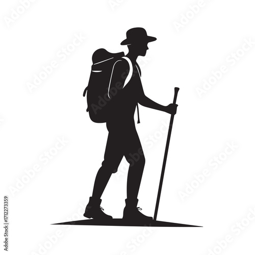 Silhouette of a hiker with a backpack and trekking pole walking, isolated on white background Vector Art