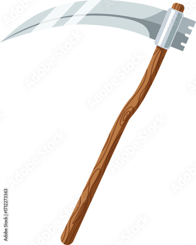 Illustration of a scythe with a curved silver blade and a wooden handle, isolated on a white background.