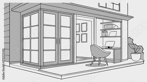 Home office design outdoor workspace patio garden room sunroom desk chair potted plant books computer modern contemporary architectural drawing home improvement extension glass doo.