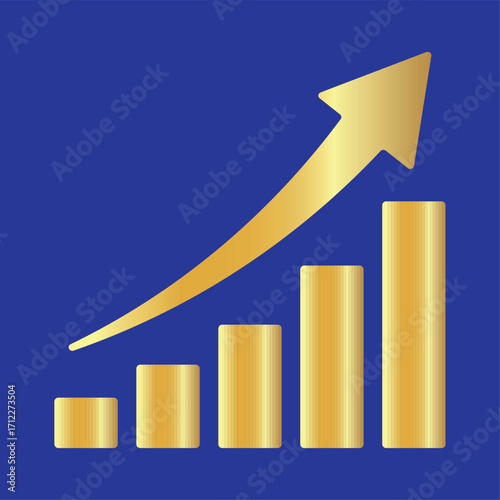 Golden shiny arrow is going up isolated on a blue background. Gold arrow, Vector. Business concept, growing chart. Concept of sales symbol icon with arrow moving up. Economic Arrow With Growing Trend.