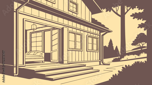 House exterior illustration modern home design backyard landscaping wood siding porch steps trees bushes residential architecture home design inspiration house illustration vector art.